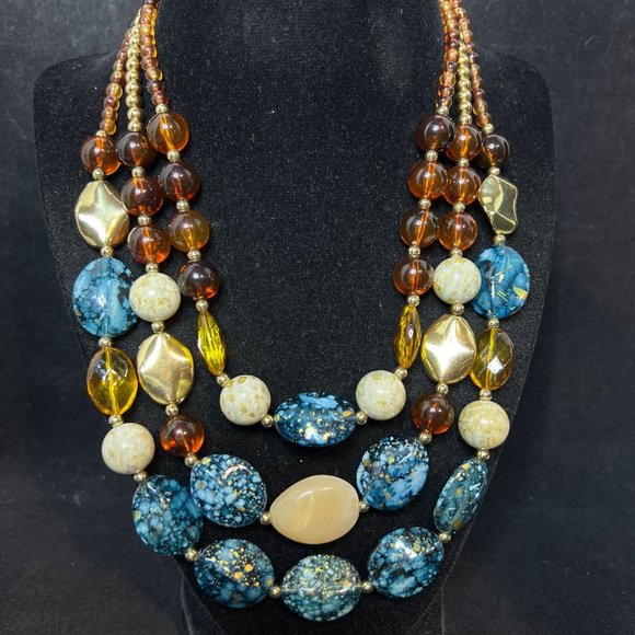 Unbranded Jewelry - Triple Strand Gold Tone Brown, Aqua And White Graduated Beads Necklace (3890)